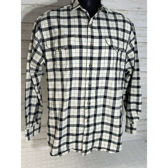 C.C Filson Cotton Flannel Shirt LARGE X-Long Men Black White Plaid Mid-Weight